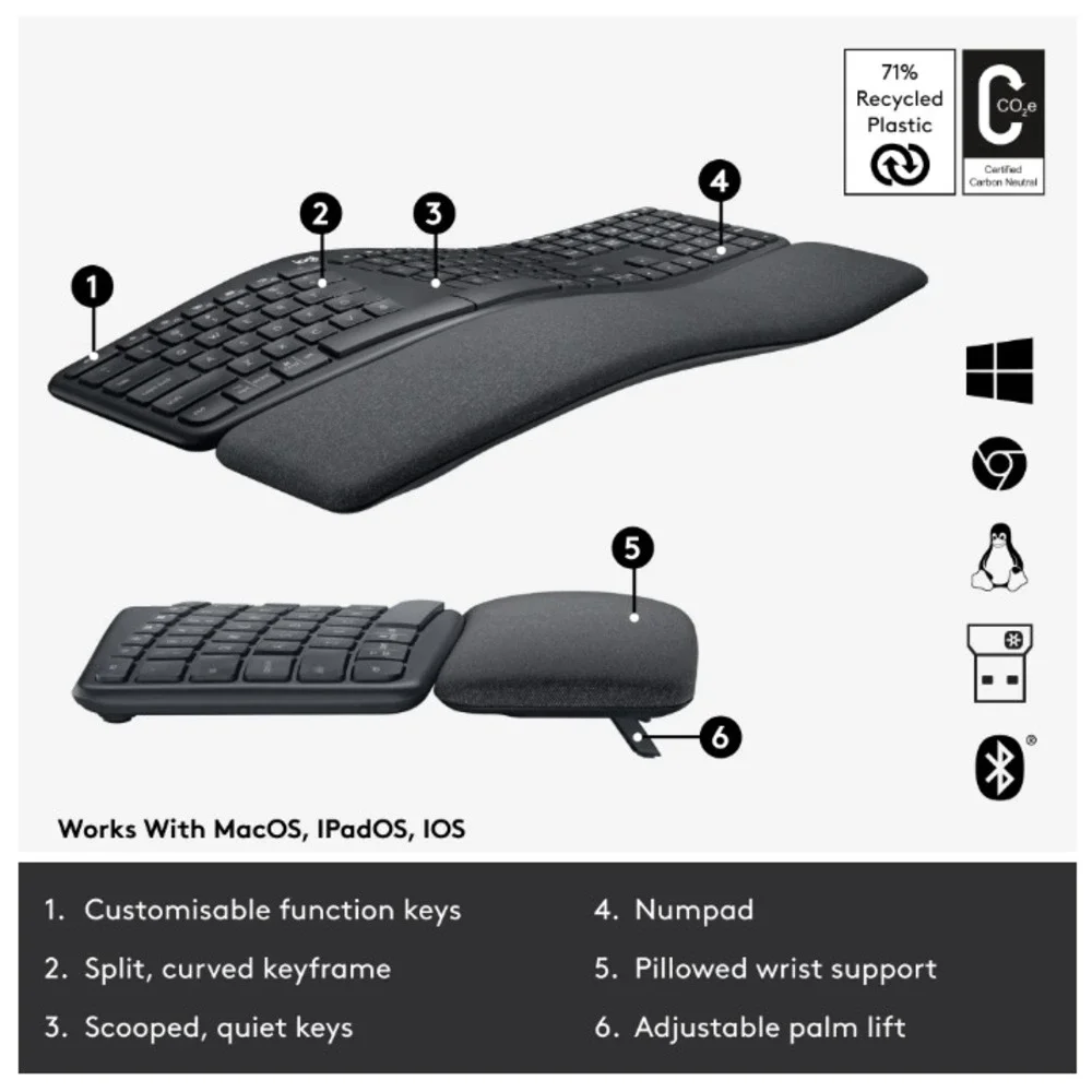 Logitech‎ K860 Wireless Bluetooth Ergonomic Keyboard Split Design PC Mac Black